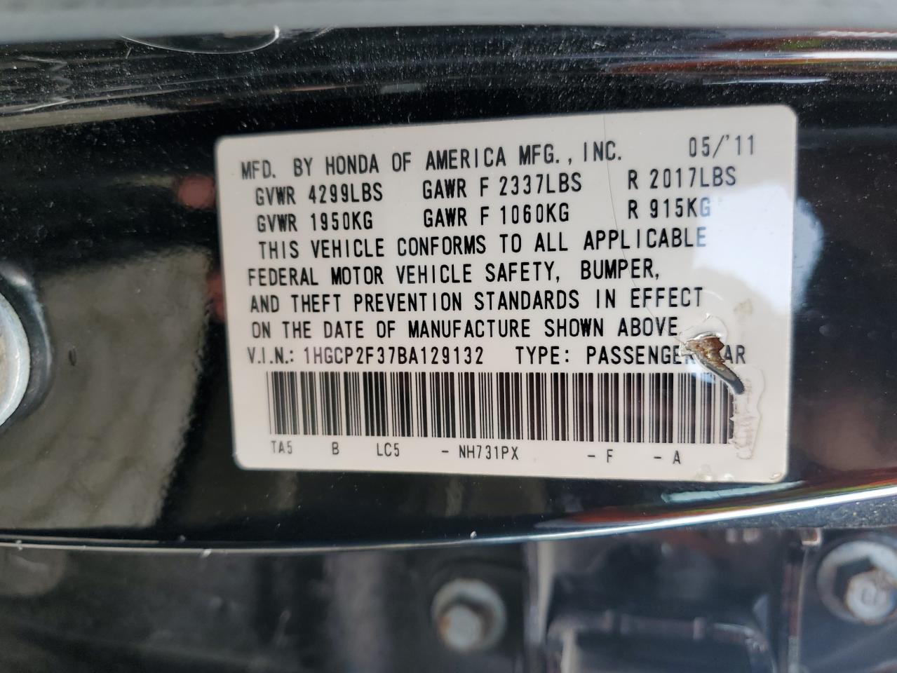 1HGCP2F37BA129132 2011 Honda Accord Lx