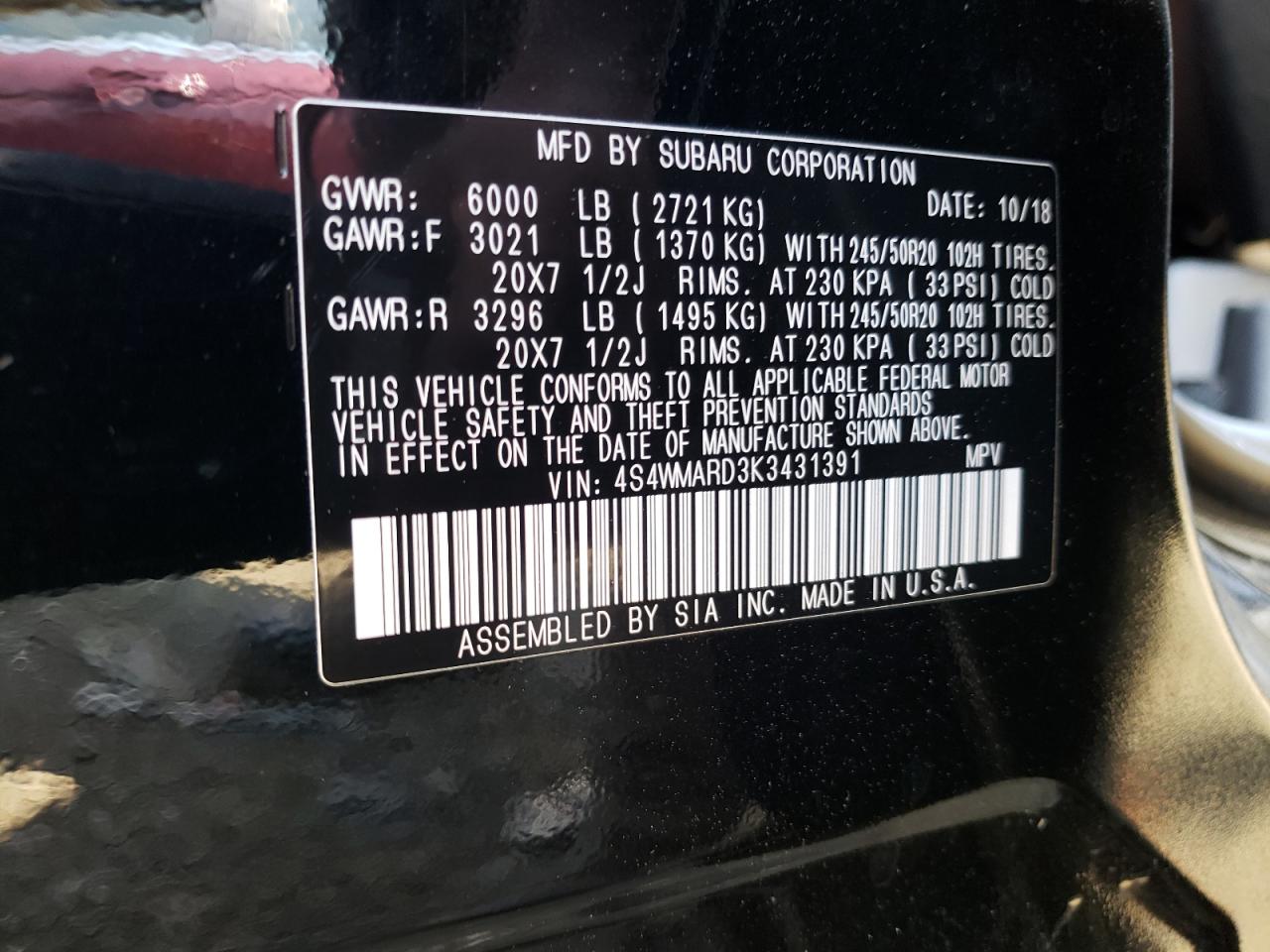 4S4WMARD3K3431391 2019 Subaru Ascent Touring