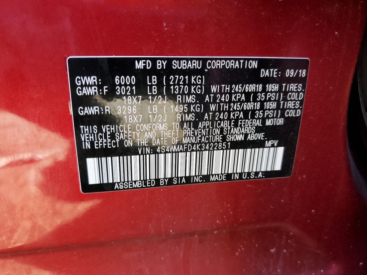 4S4WMAFD4K3422851 2019 Subaru Ascent Premium