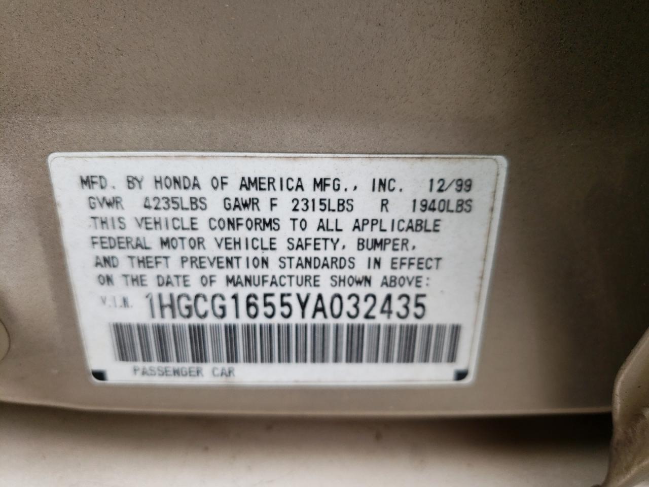 1HGCG1655YA032435 2000 Honda Accord Ex