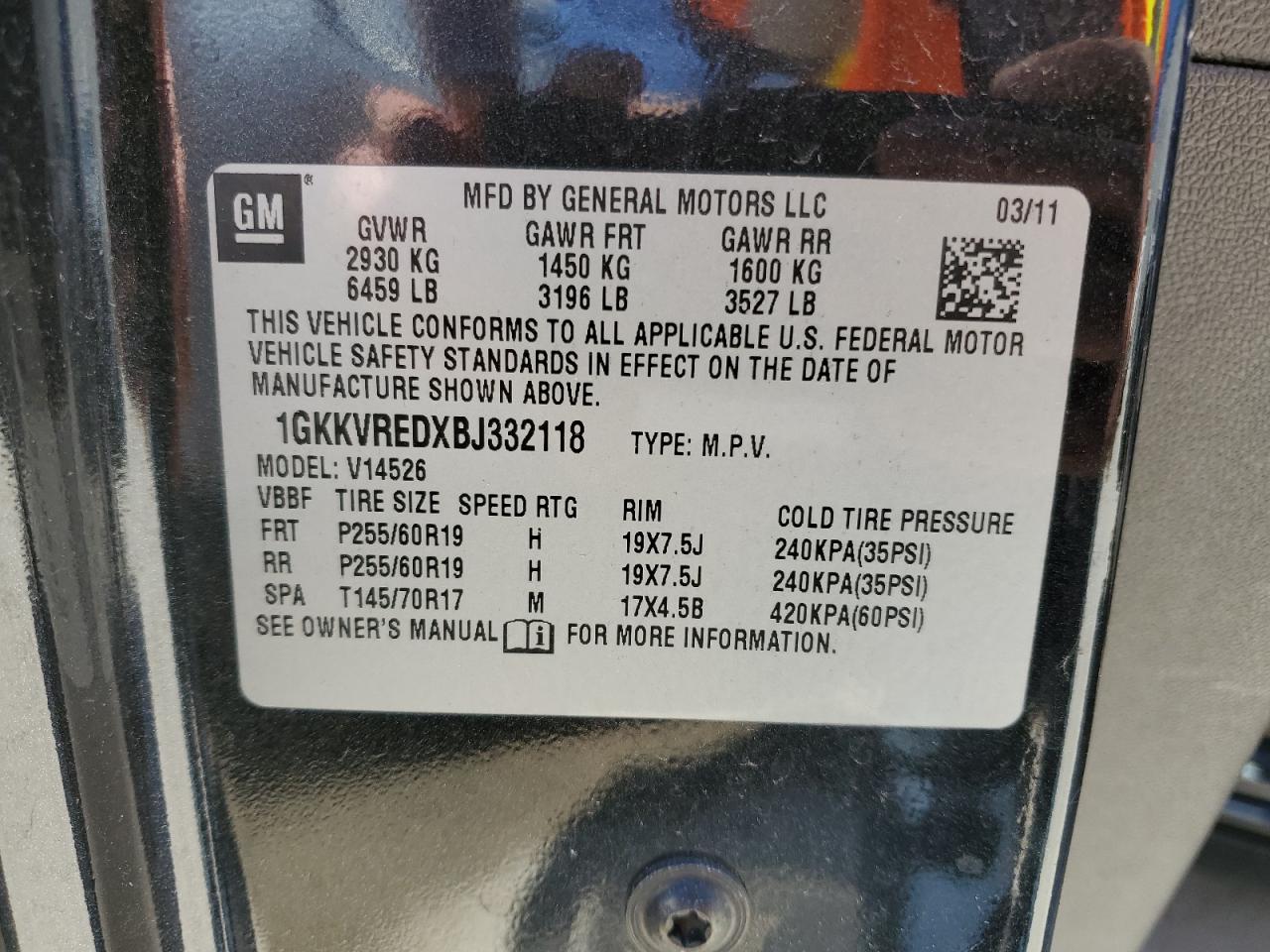 1GKKVREDXBJ332118 2011 GMC Acadia Slt-1