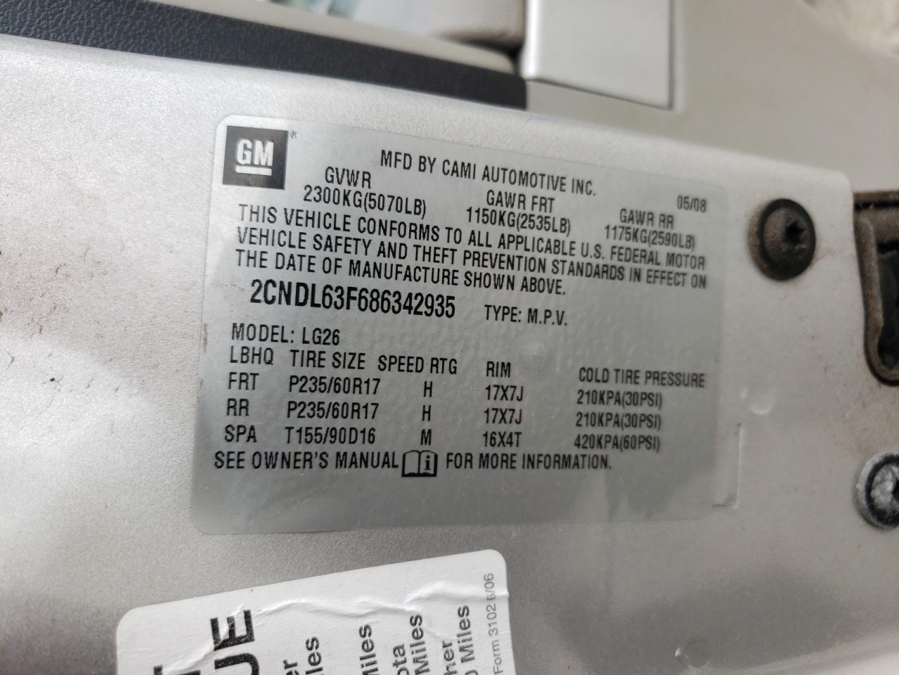 2CNDL63F686342935 2008 Chevrolet Equinox Lt