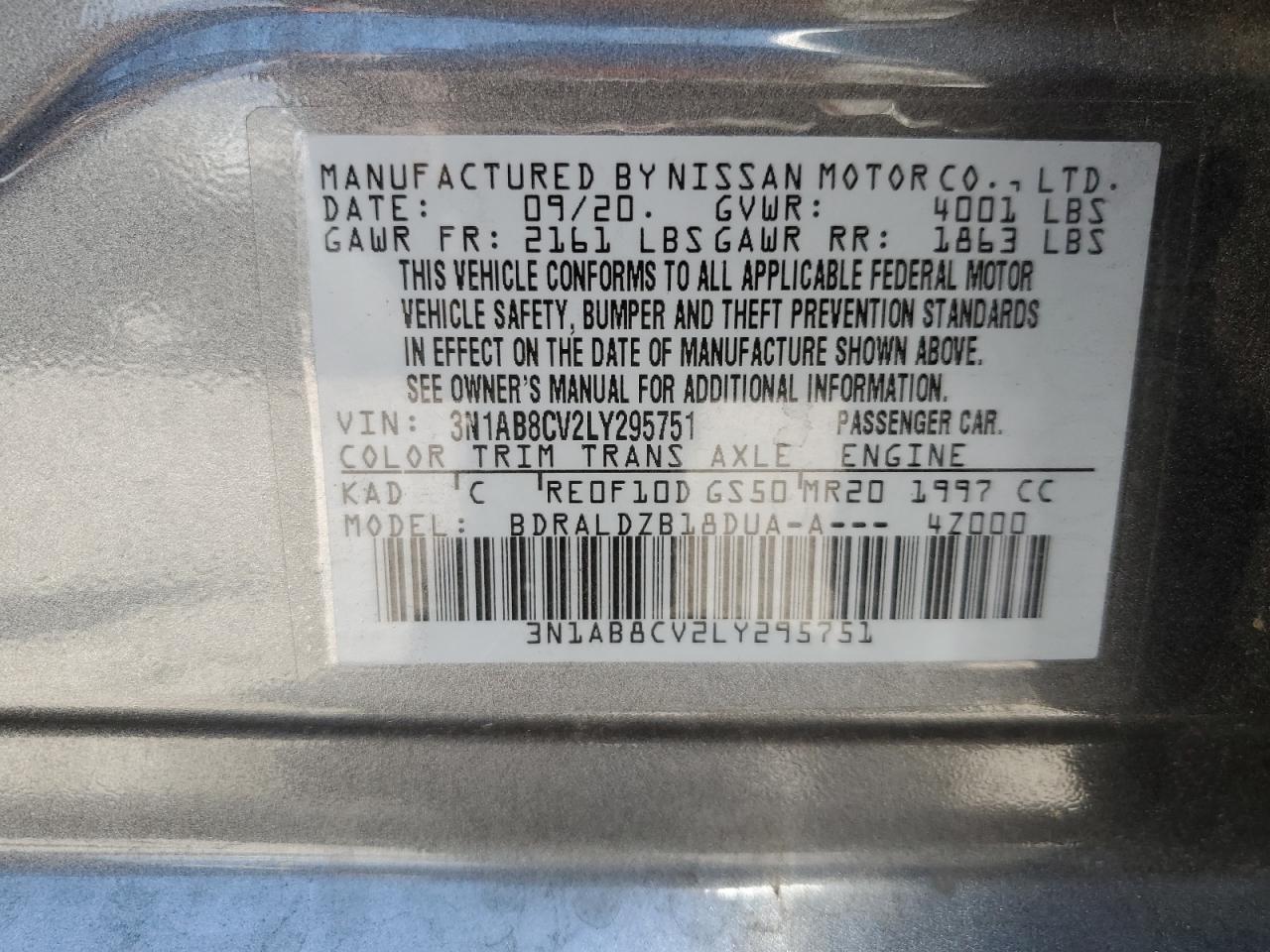 3N1AB8CV2LY295751 2020 Nissan Sentra Sv