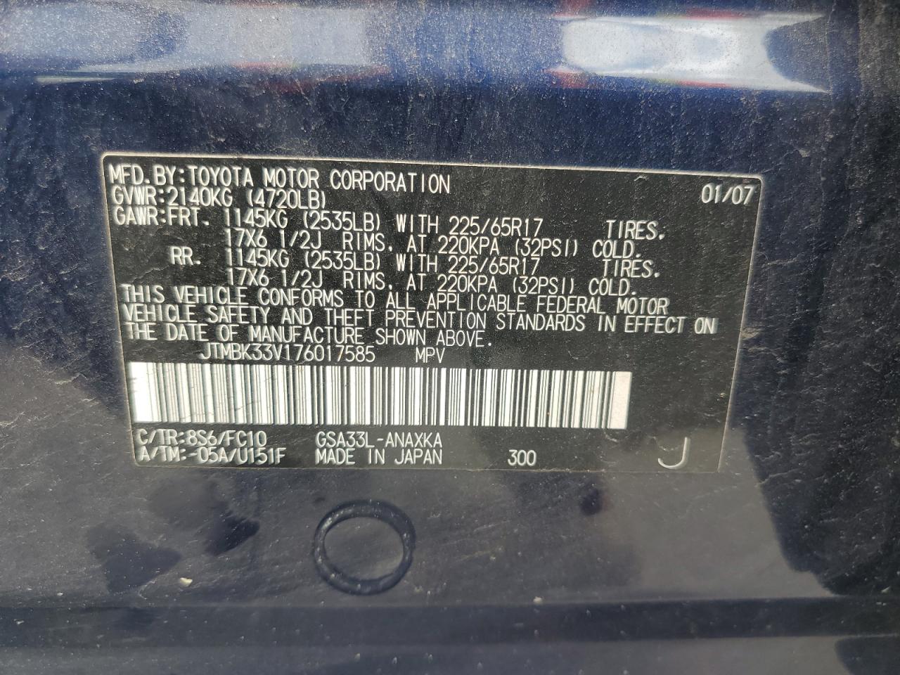 JTMBK33V176017585 2007 Toyota Rav4