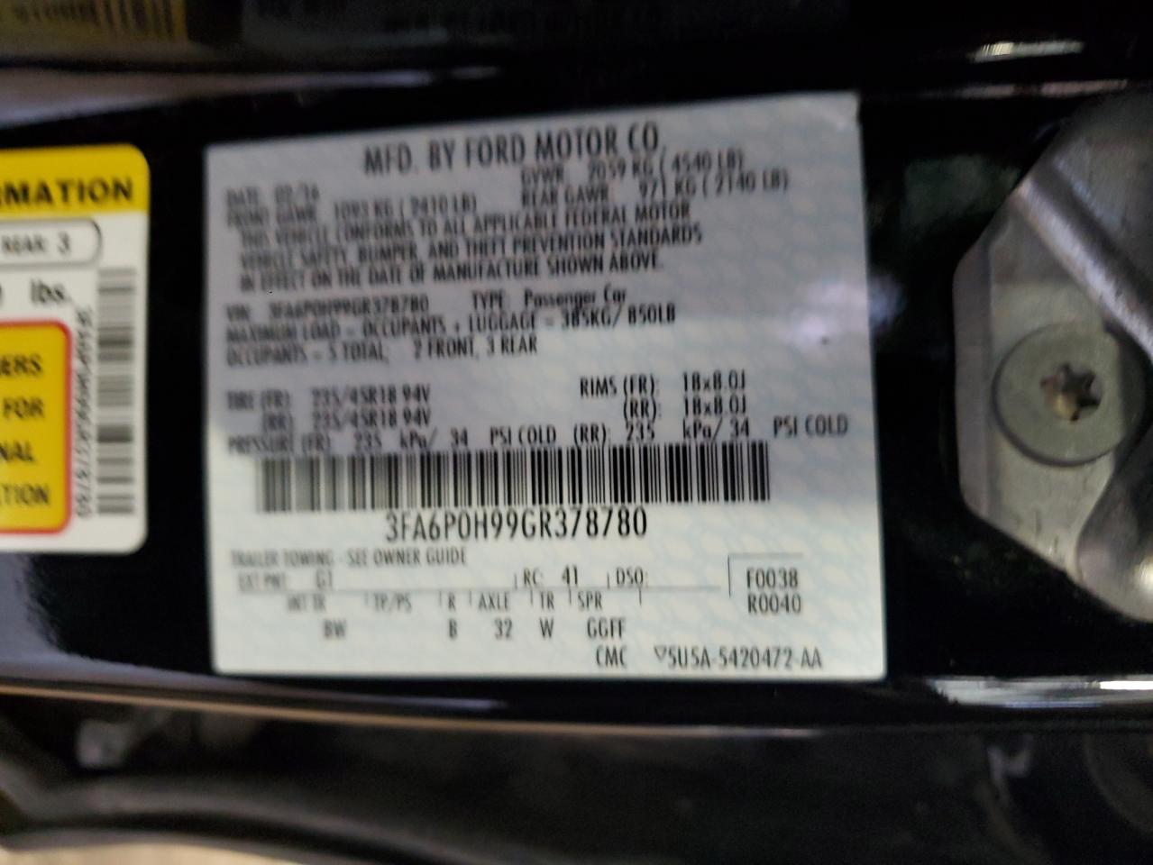 3FA6P0H99GR378780 FORD FUSION 2016