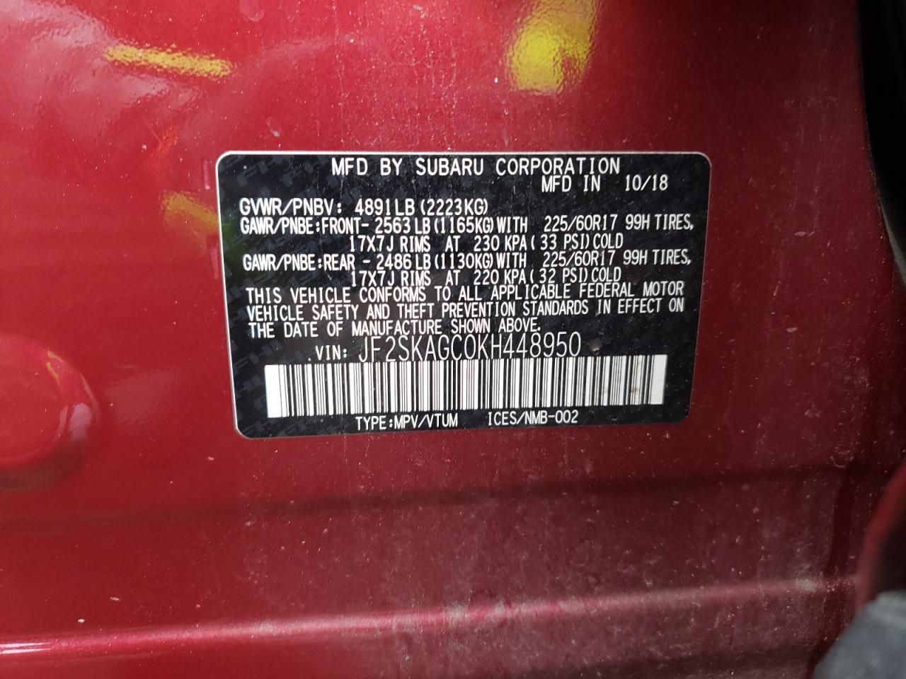 JF2SKAGC0KH448950 2019 Subaru Forester Premium