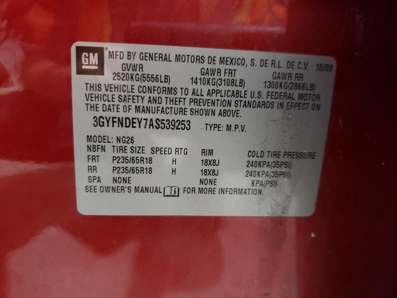 3GYFNDEY7AS539253 2010 Cadillac Srx Luxury Collection