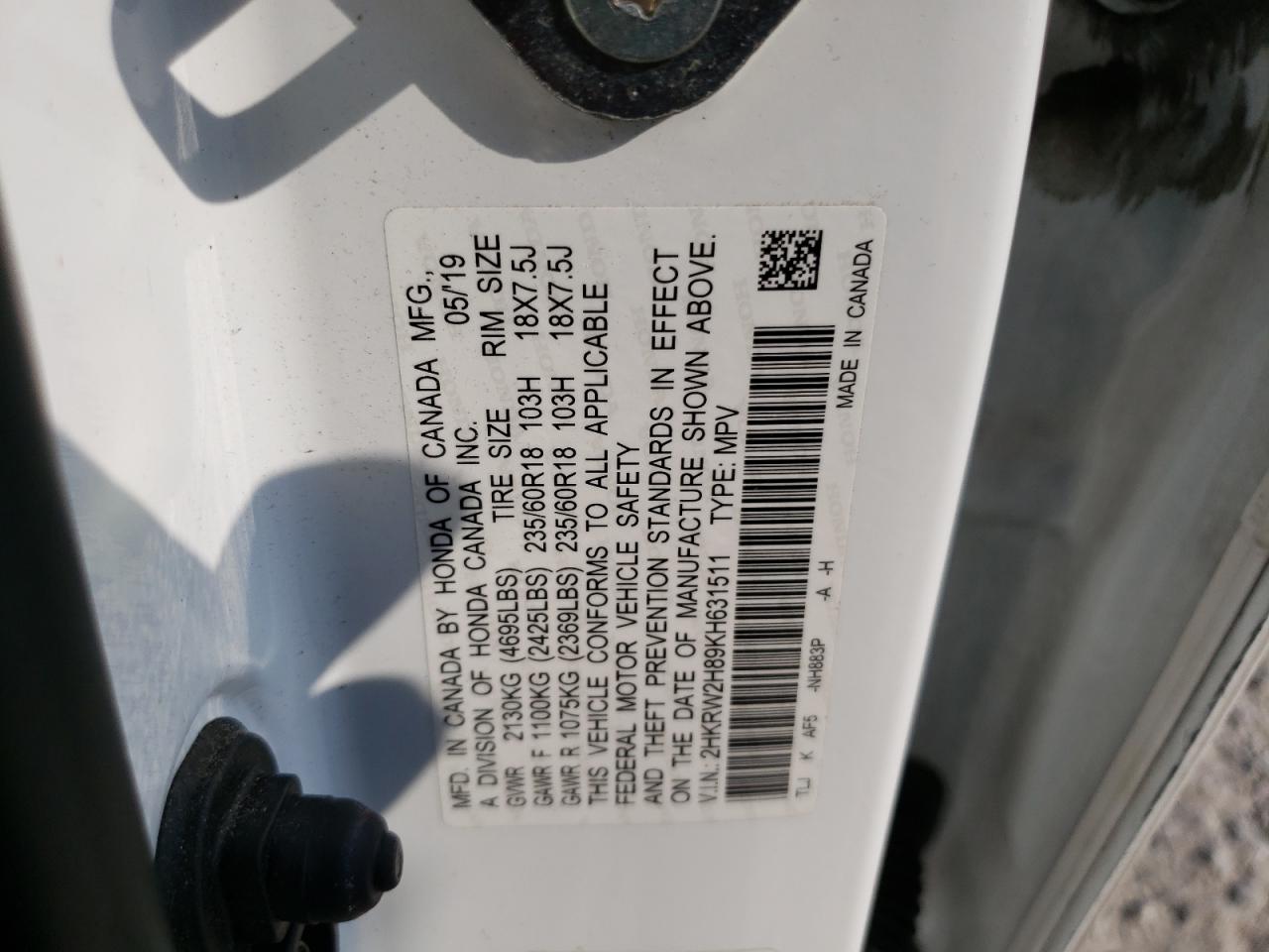 2HKRW2H89KH631511 2019 Honda Cr-V Exl