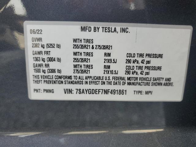 2022 Tesla Model Y VIN: 7SAYGDEF7NF491861 Lot: 59751284