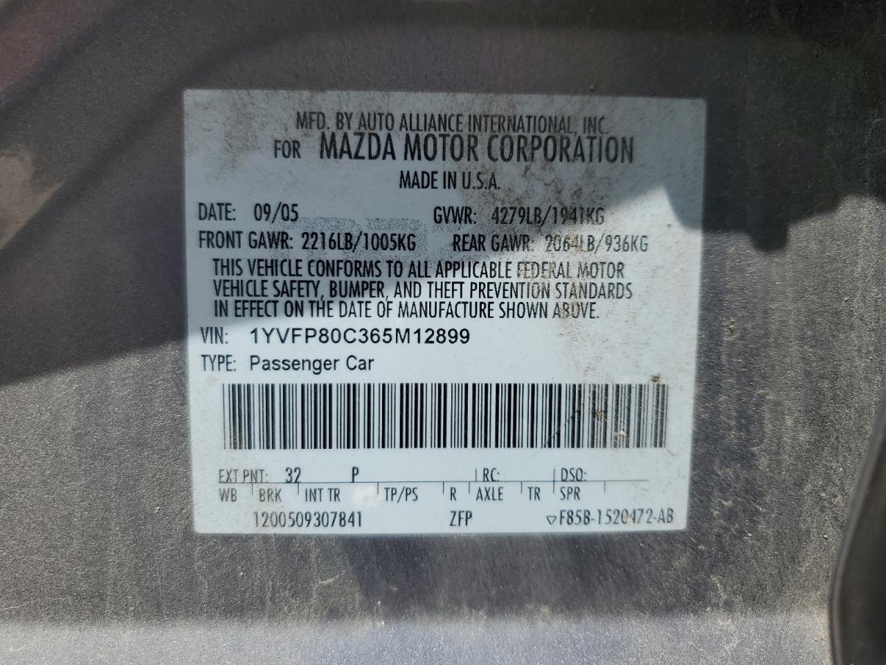 1YVFP80C365M12899 2006 Mazda 6 I