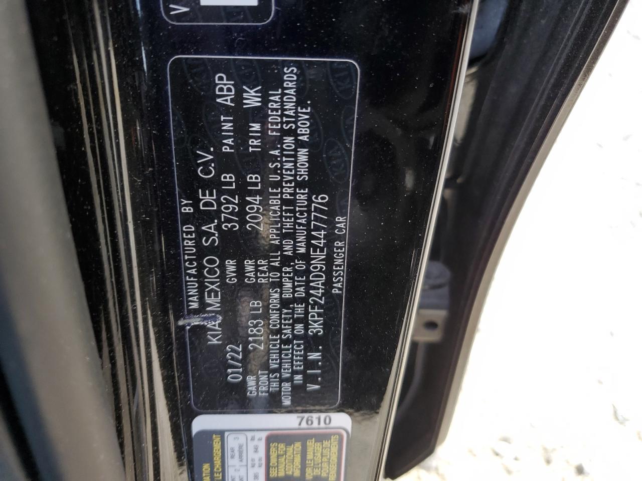 3KPF24AD9NE447776 2022 Kia Forte Fe