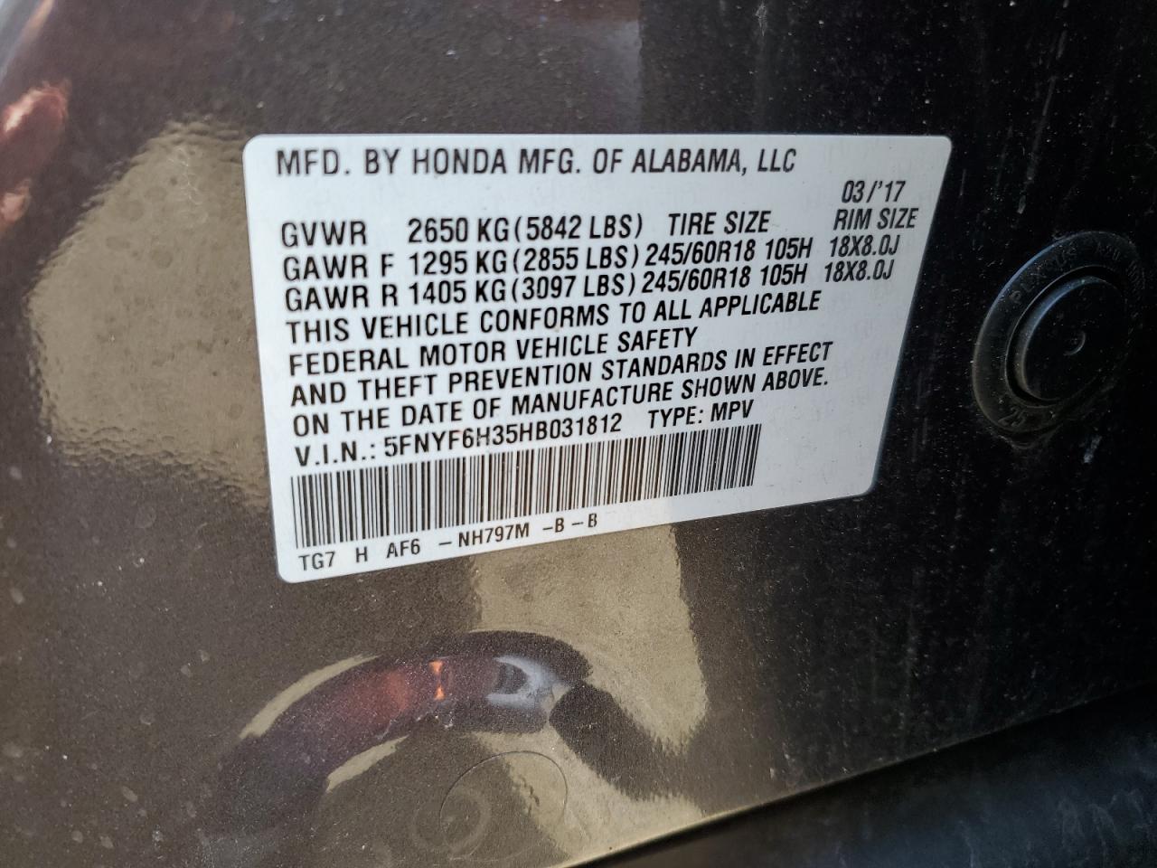 5FNYF6H35HB031812 2017 Honda Pilot Ex