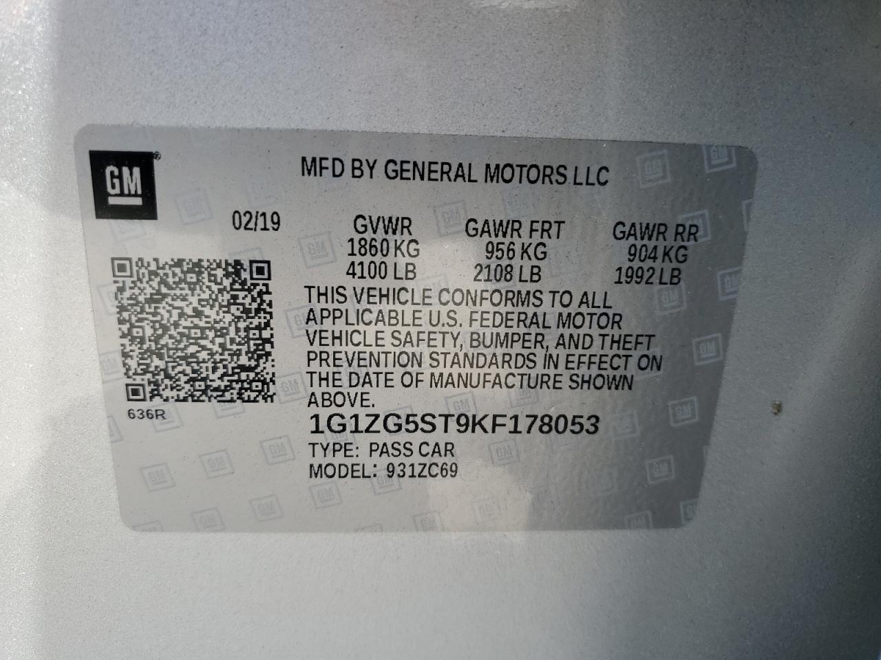 2019 Chevrolet Malibu Rs vin: 1G1ZG5ST9KF178053