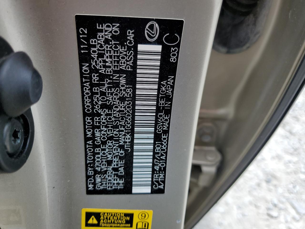 JTHBK1GG6D2031581 2013 Lexus Es 350