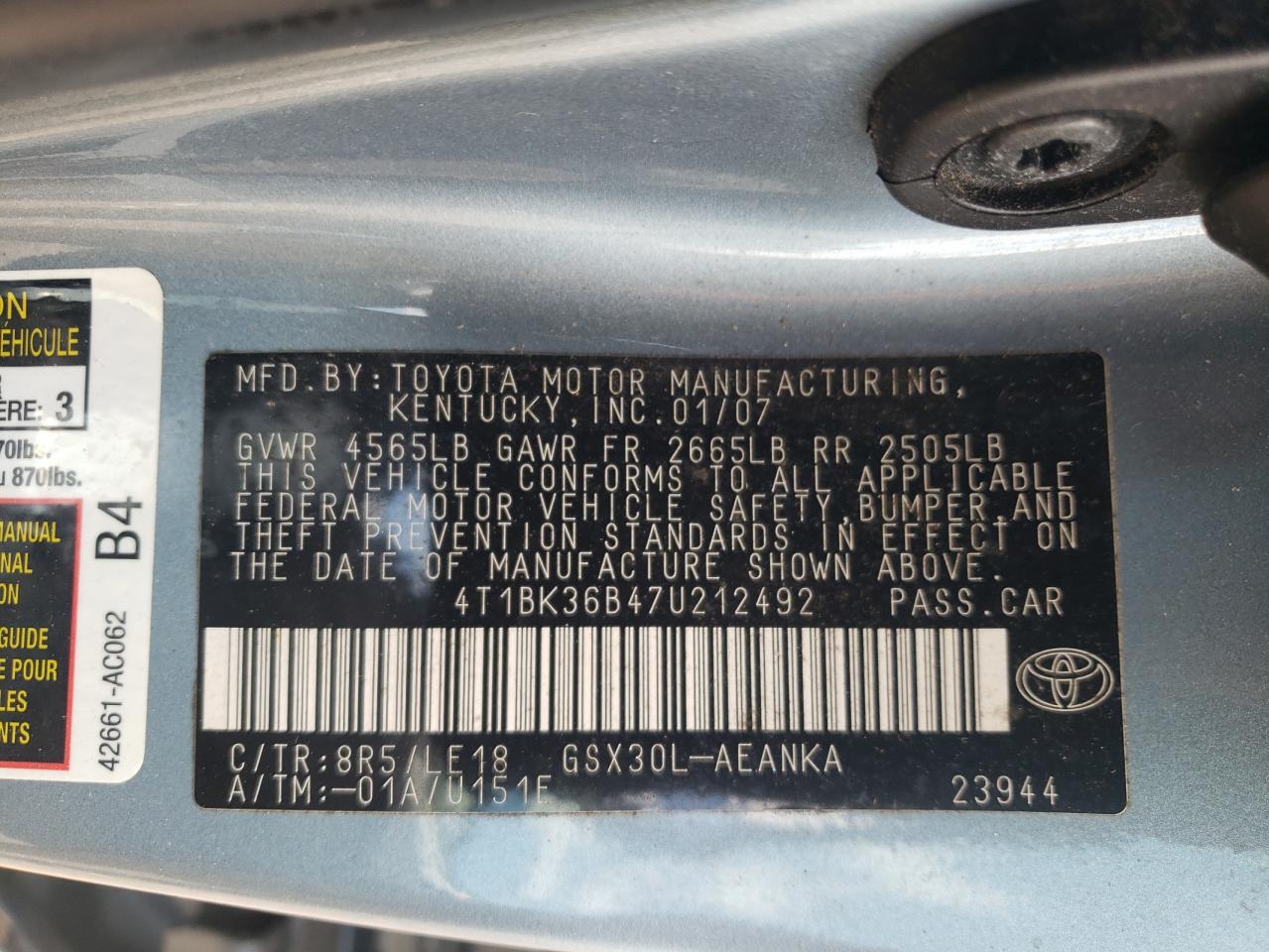 4T1BK36B47U212492 2007 Toyota Avalon Xl