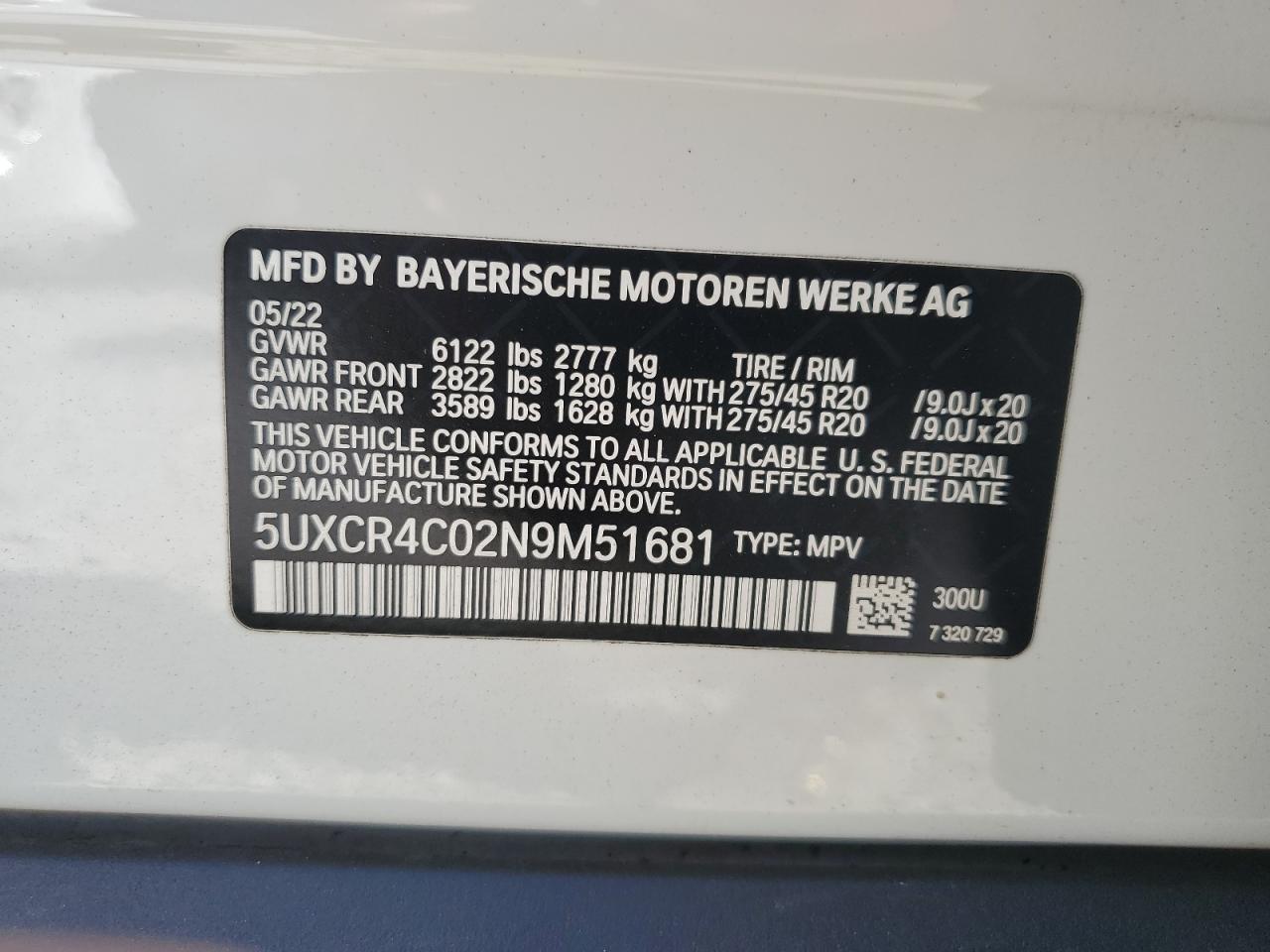 5UXCR4C02N9M51681 2022 BMW X5 Sdrive 40I