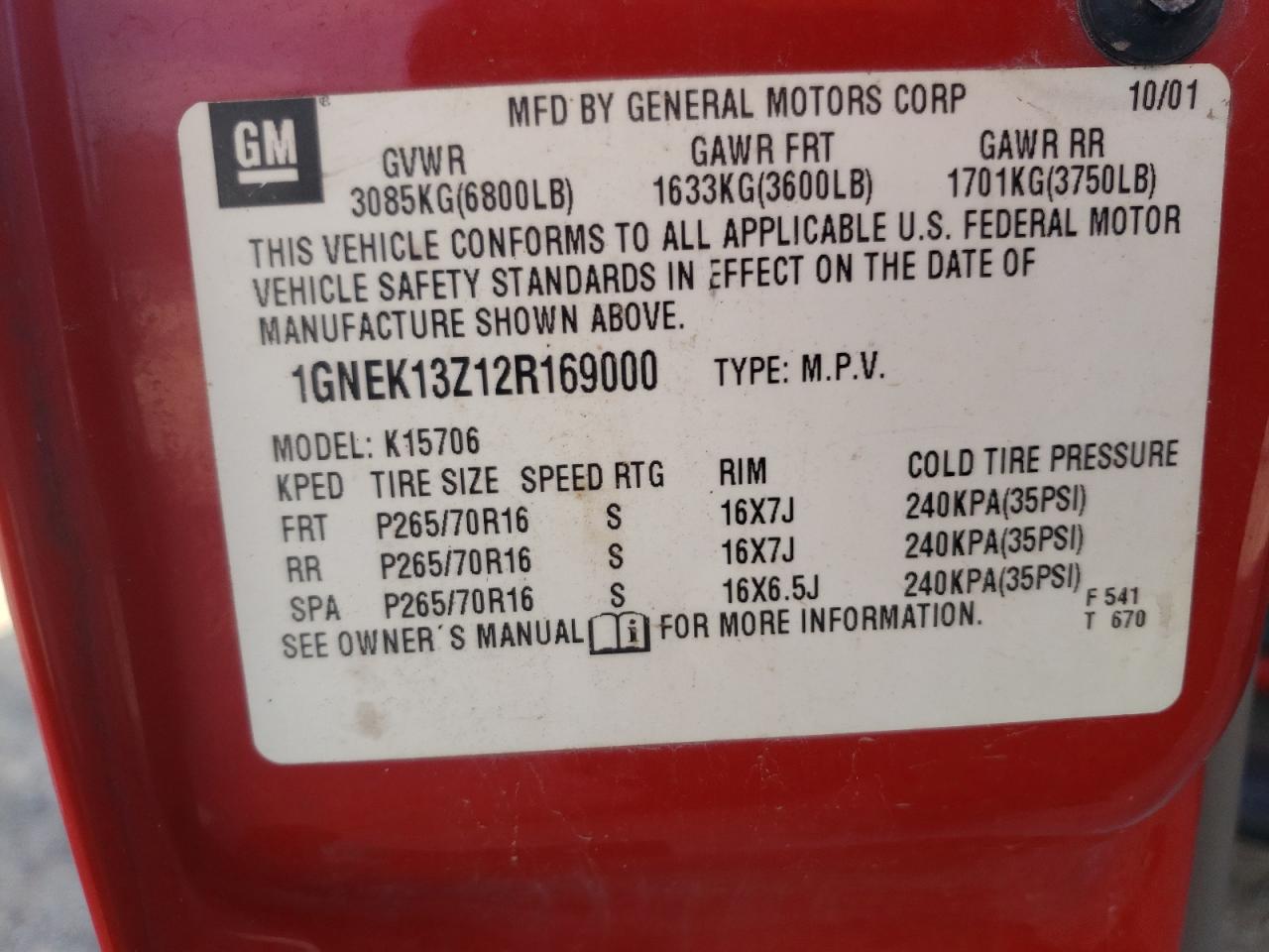 1GNEK13Z12R169000 2002 Chevrolet Tahoe K1500