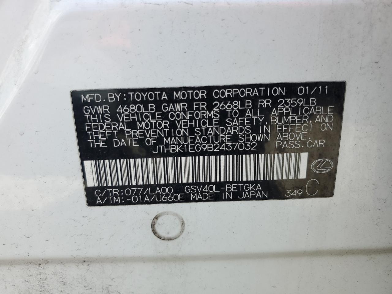 JTHBK1EG9B2437032 2011 Lexus Es 350