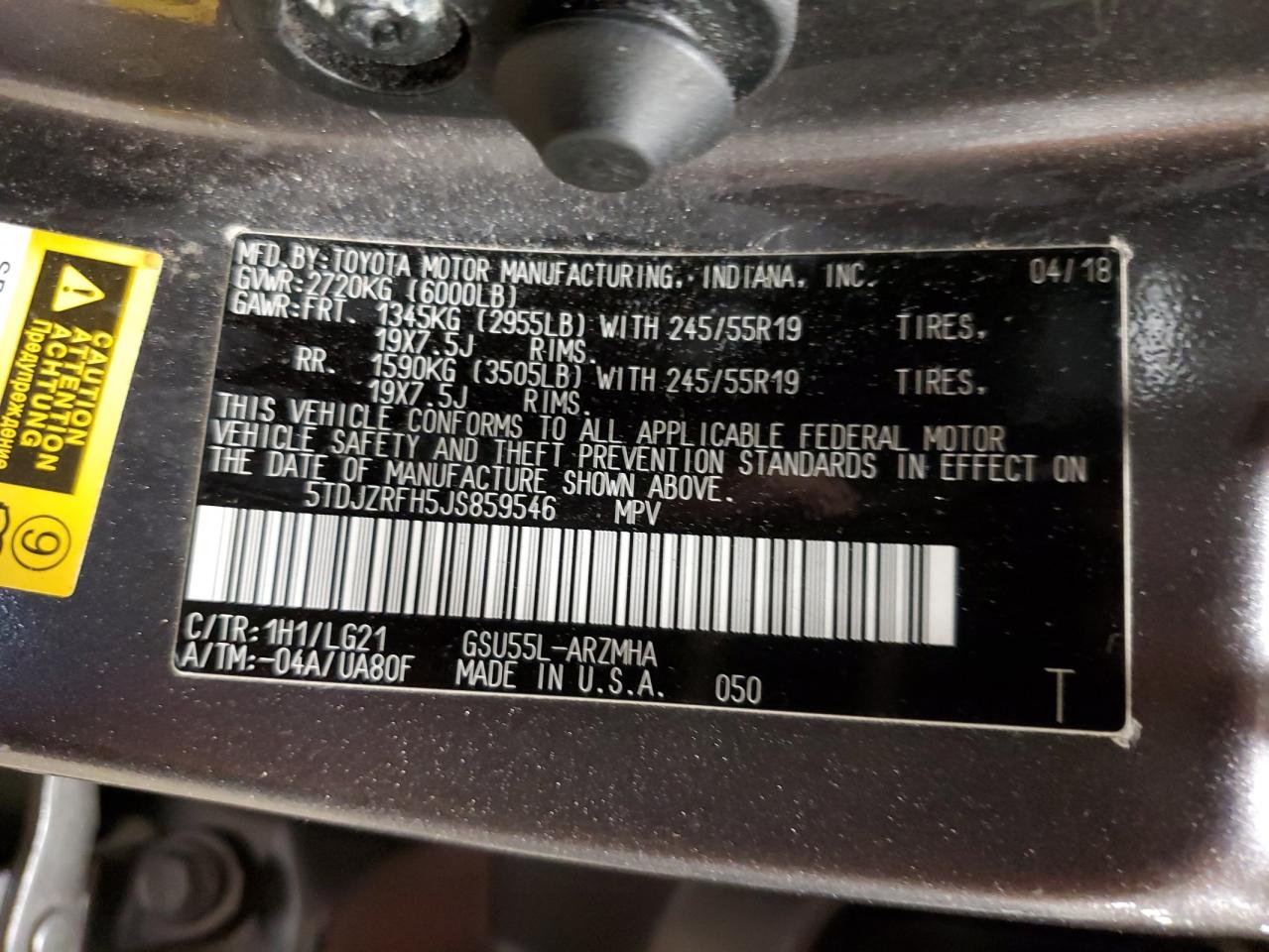 5TDJZRFH5JS859546 2018 Toyota Highlander Se