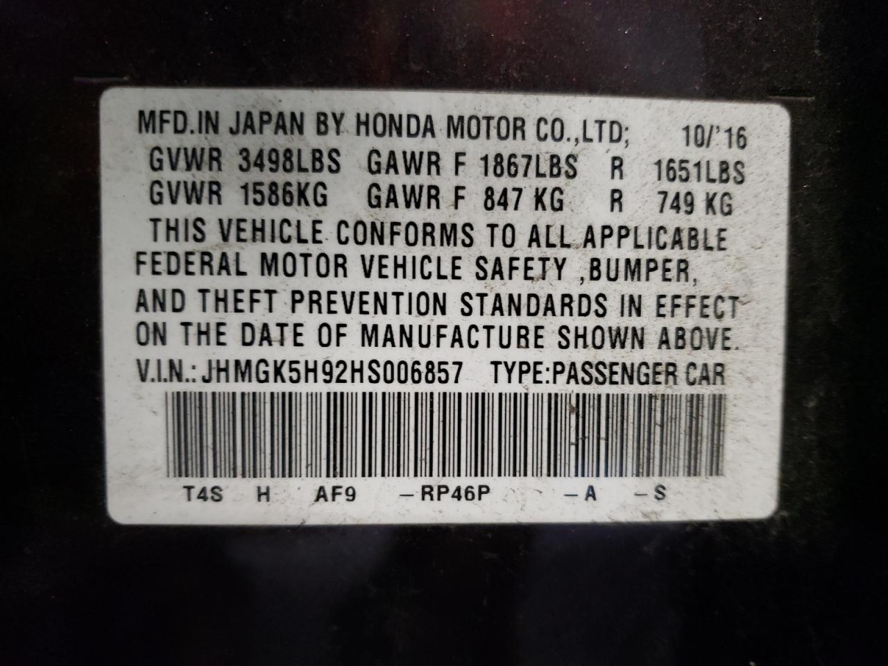 JHMGK5H92HS006857 2017 Honda Fit Ex