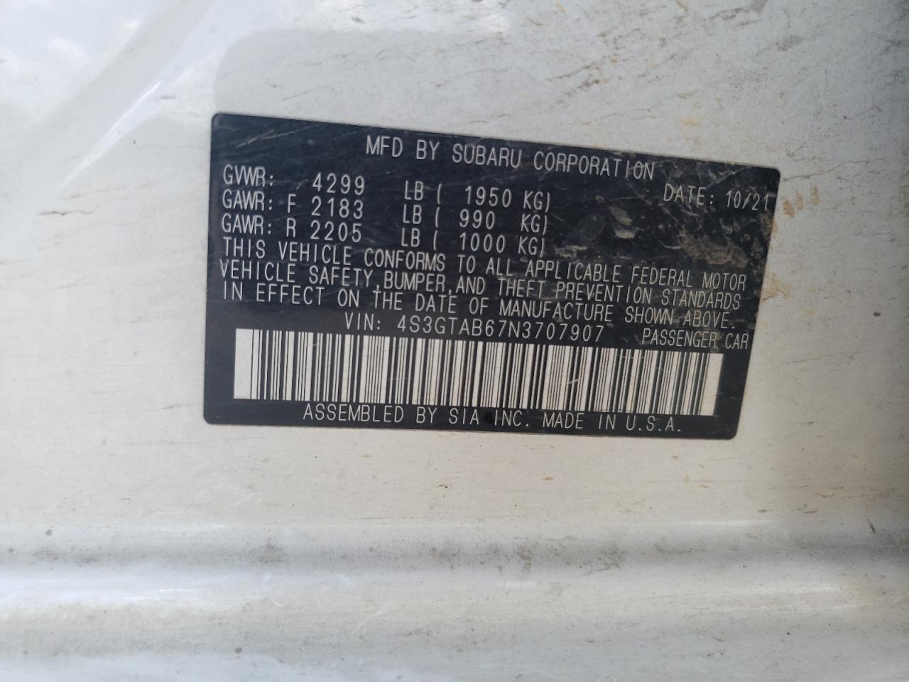 4S3GTAB67N3707907 2022 Subaru Impreza