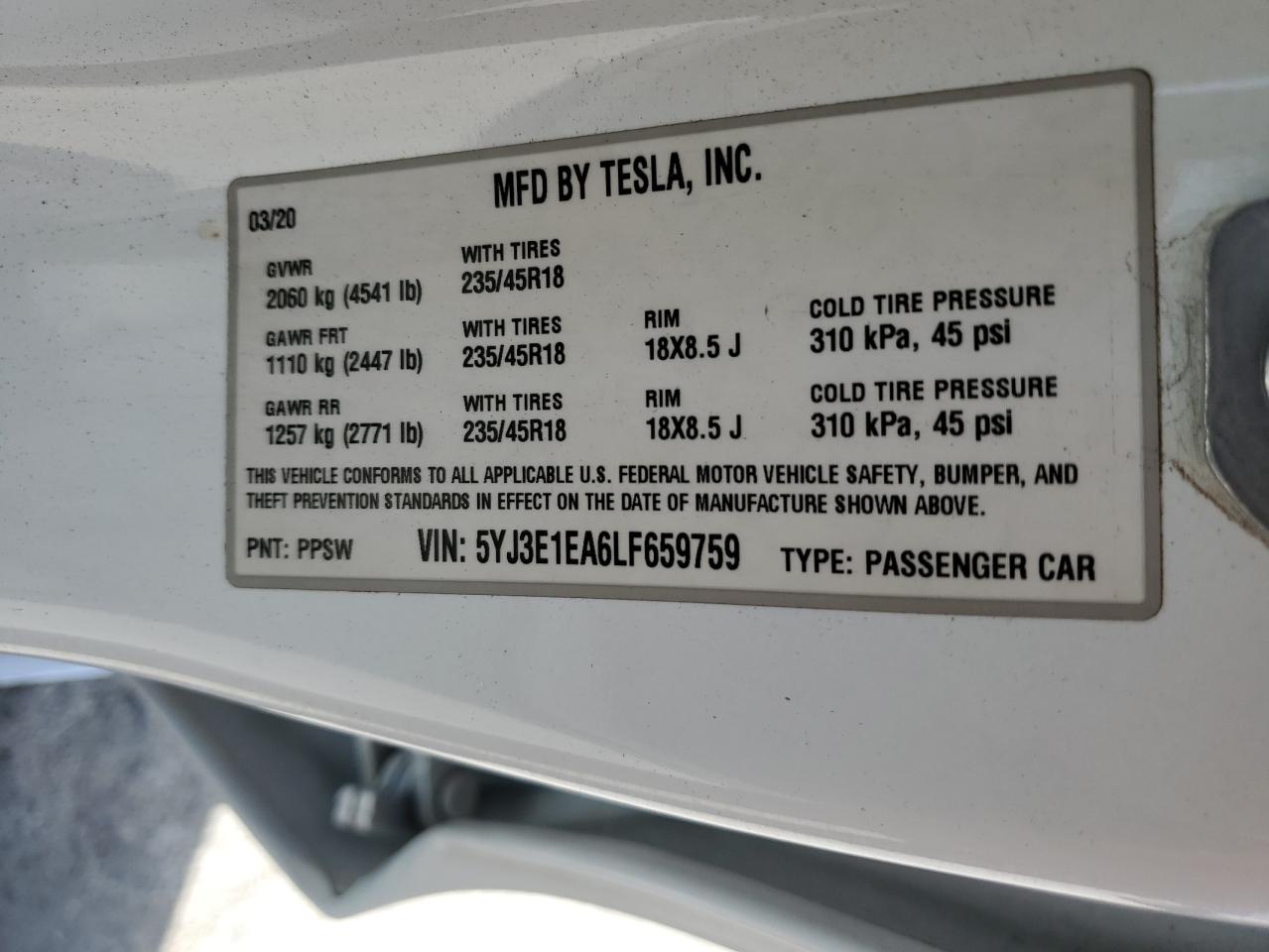 Lot #2987033789 2020 TESLA MODEL 3