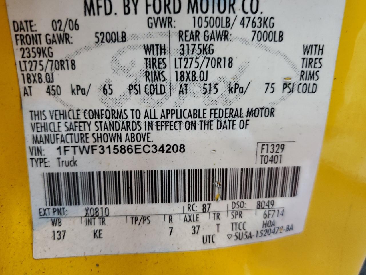 1FTWF31586EC34208 2006 Ford F350 Srw Super Duty