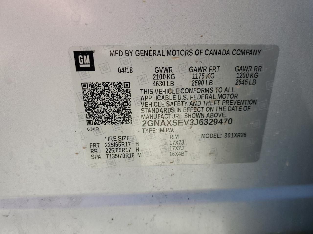 2GNAXSEV3J6329470 2018 Chevrolet Equinox Lt