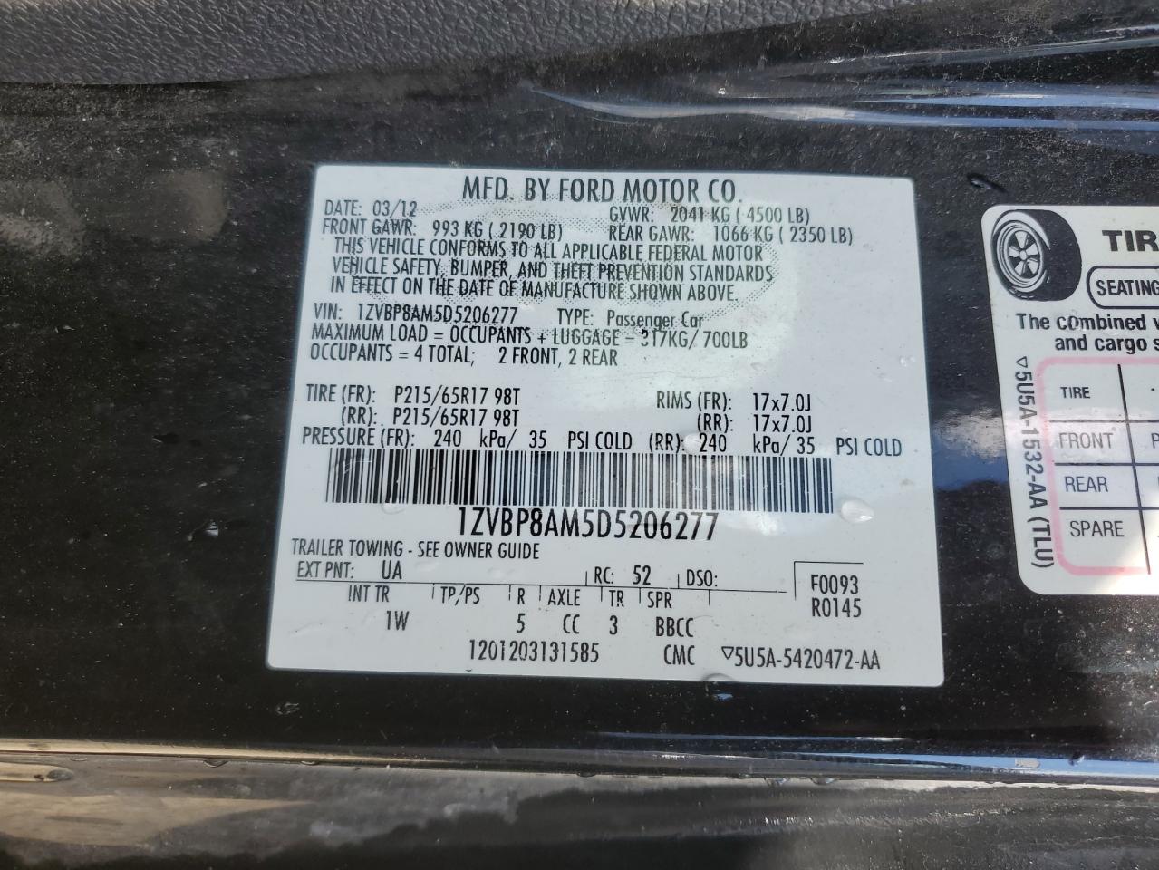 1ZVBP8AM5D5206277 2013 Ford Mustang