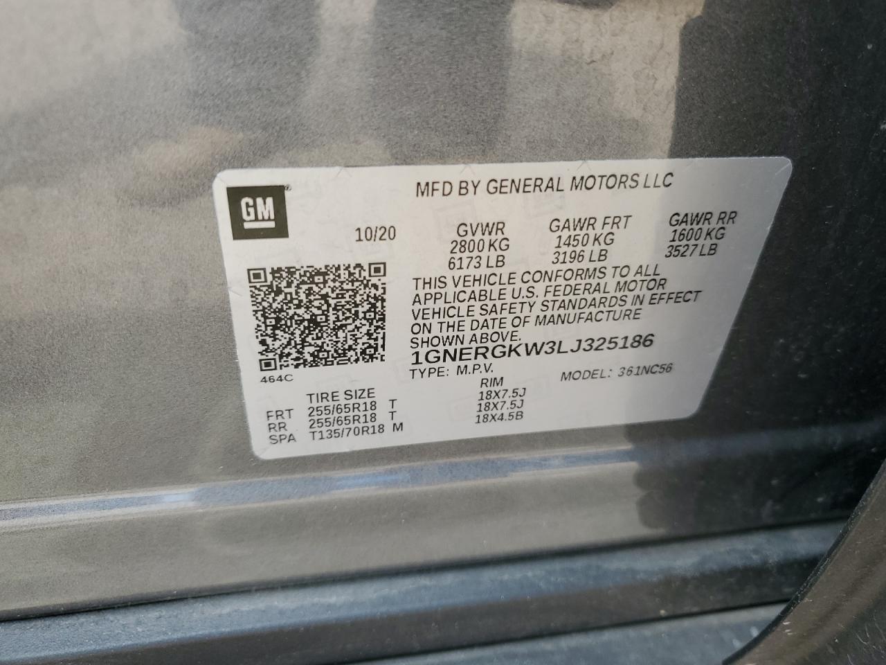 1GNERGKW3LJ325186 2020 Chevrolet Traverse Lt