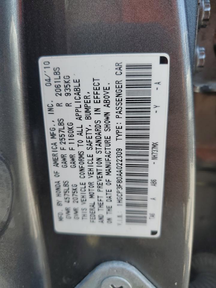 1HGCP3F80AA022309 2010 Honda Accord Exl