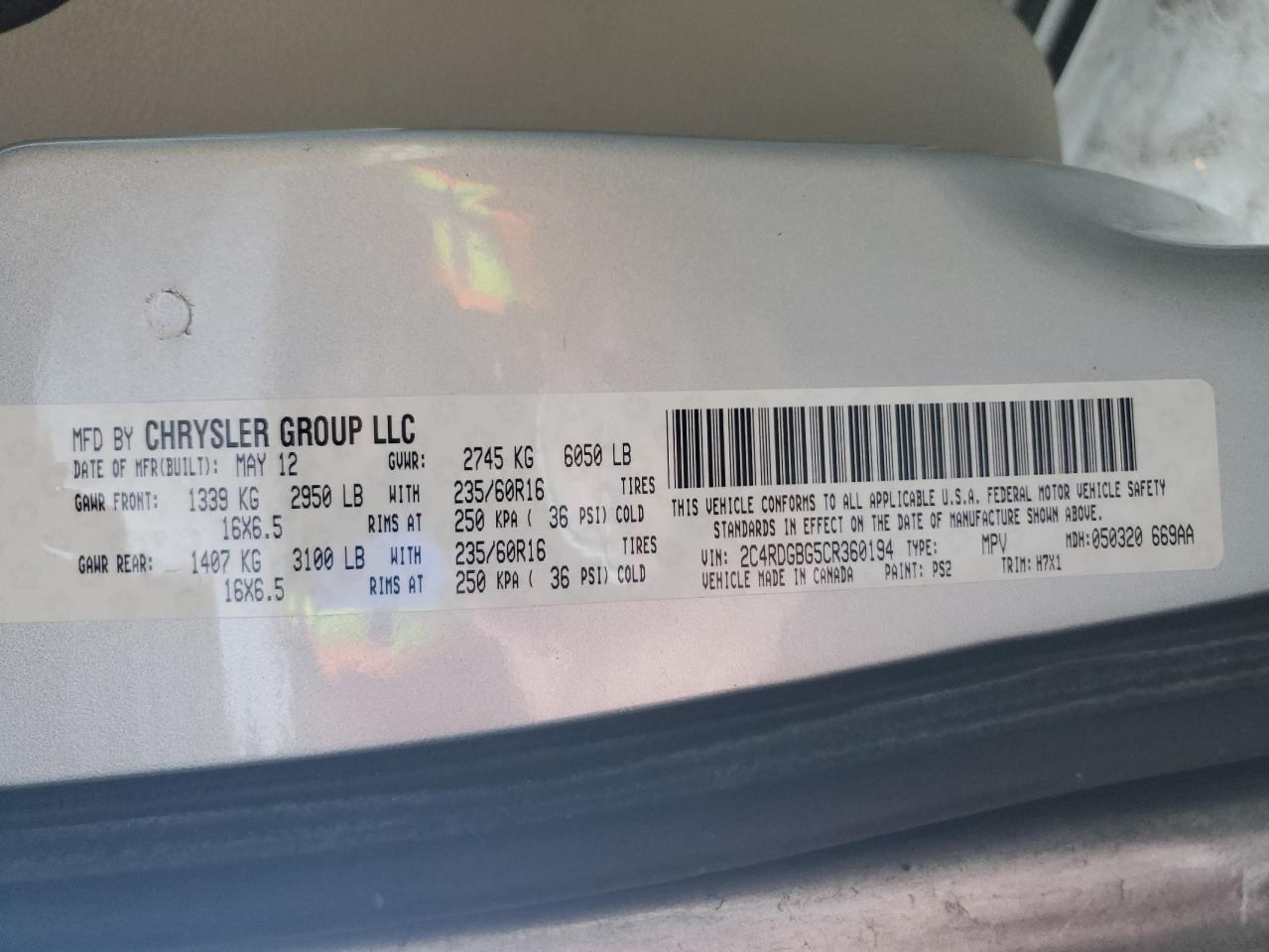 2C4RDGBG5CR360194 2012 Dodge Grand Caravan Se