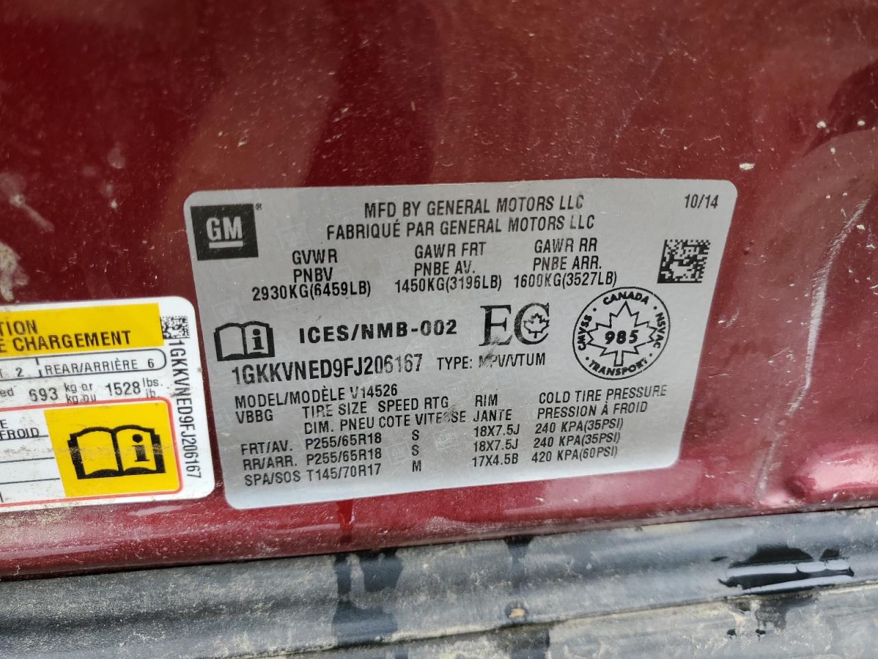 1GKKVNED9FJ206167 2015 GMC Acadia Sle