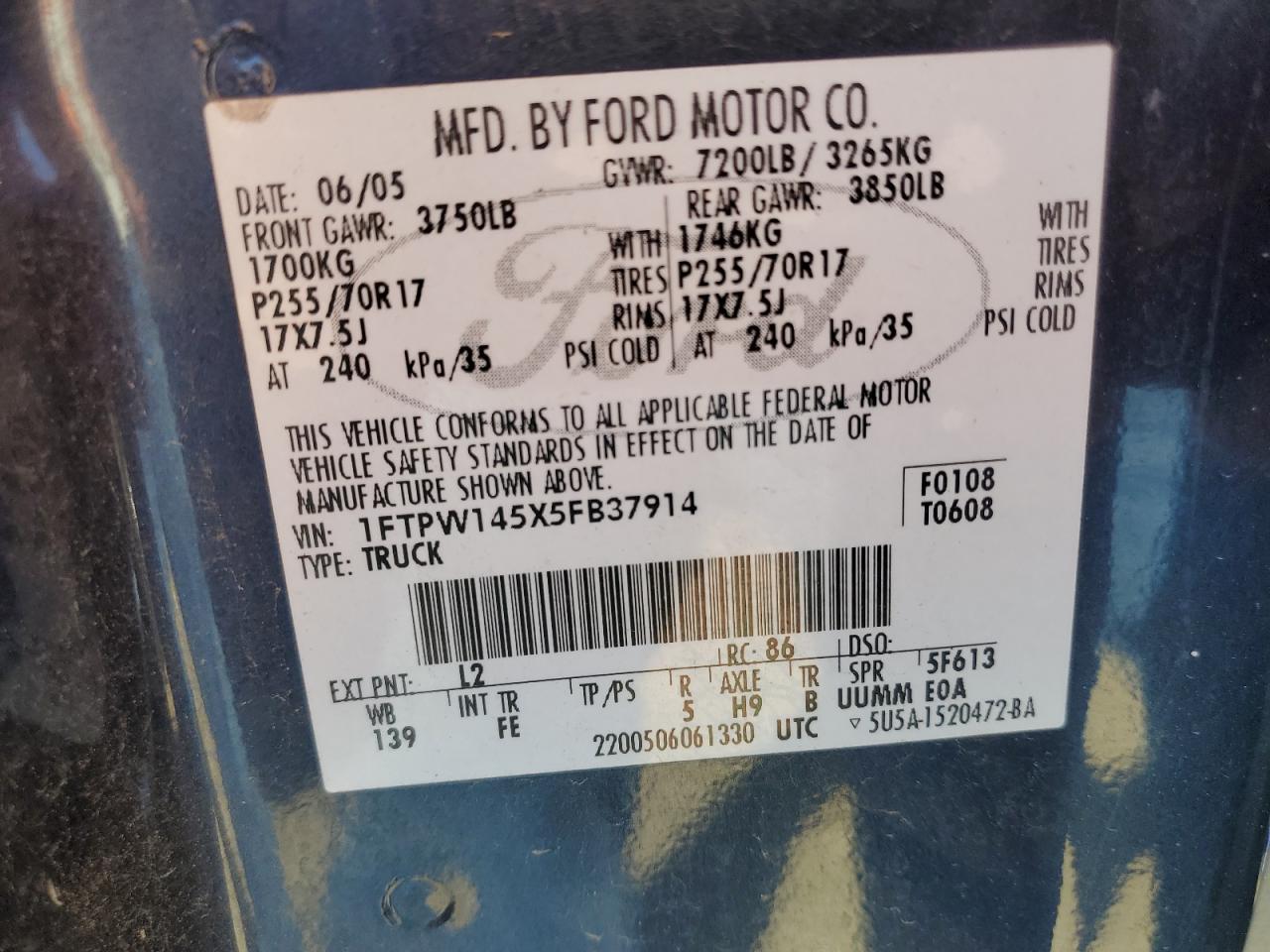 1FTPW145X5FB37914 2005 Ford F150 Supercrew