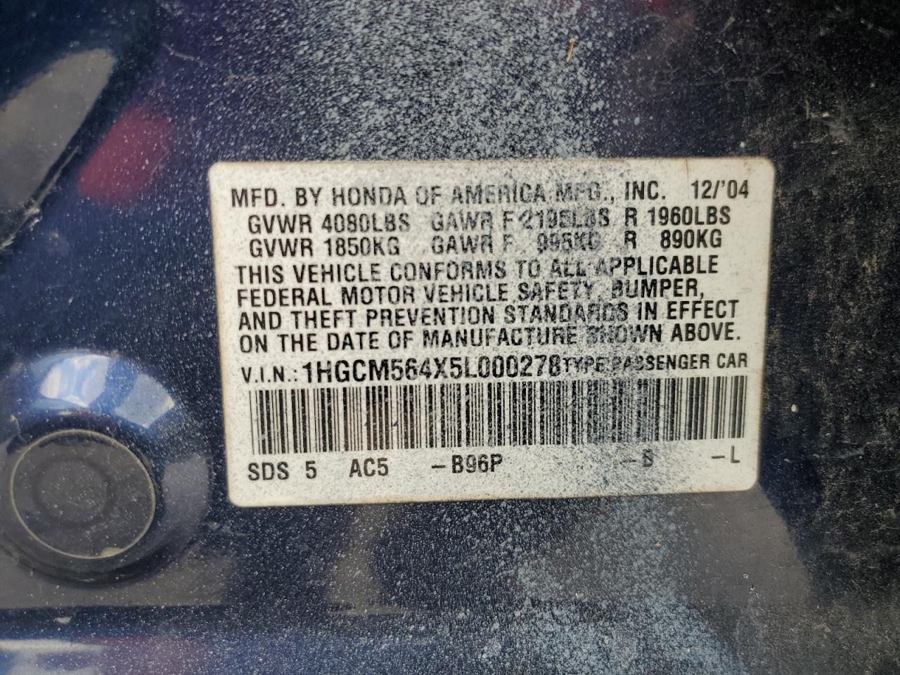 1HGCM564X5L000278 2005 Honda Accord Lx