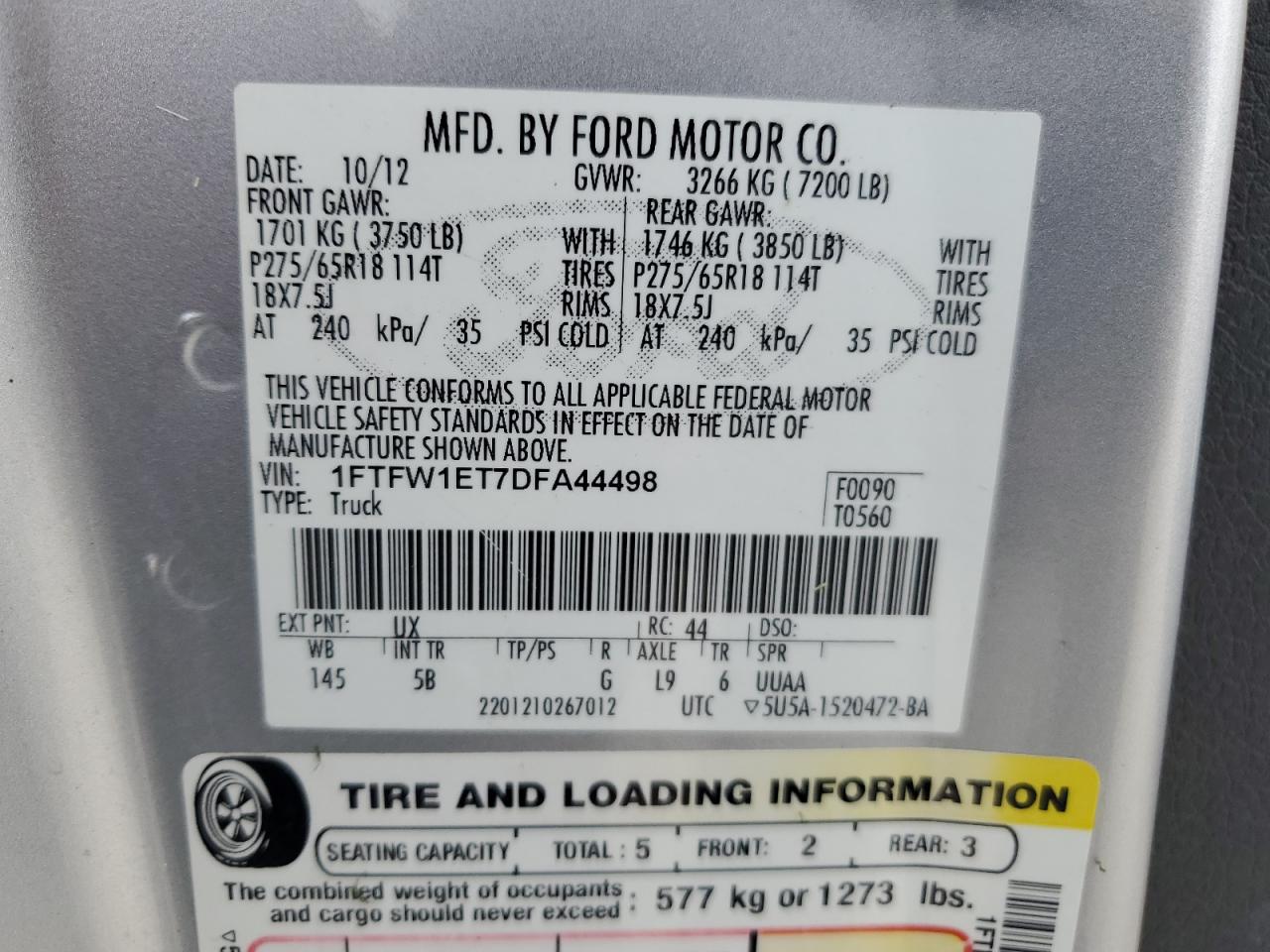 1FTFW1ET7DFA44498 2013 Ford F150 Supercrew