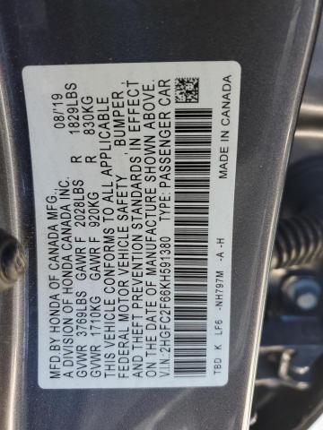 2019 HONDA CIVIC LX 2HGFC2F66KH591380  60170414