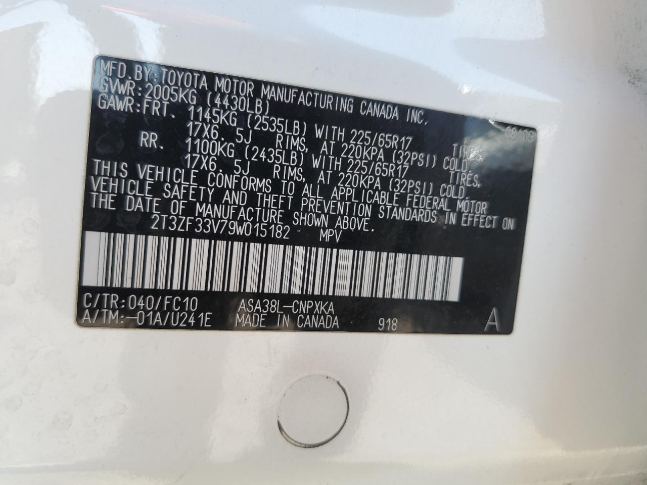 2T3ZF33V79W015182 2009 Toyota Rav4