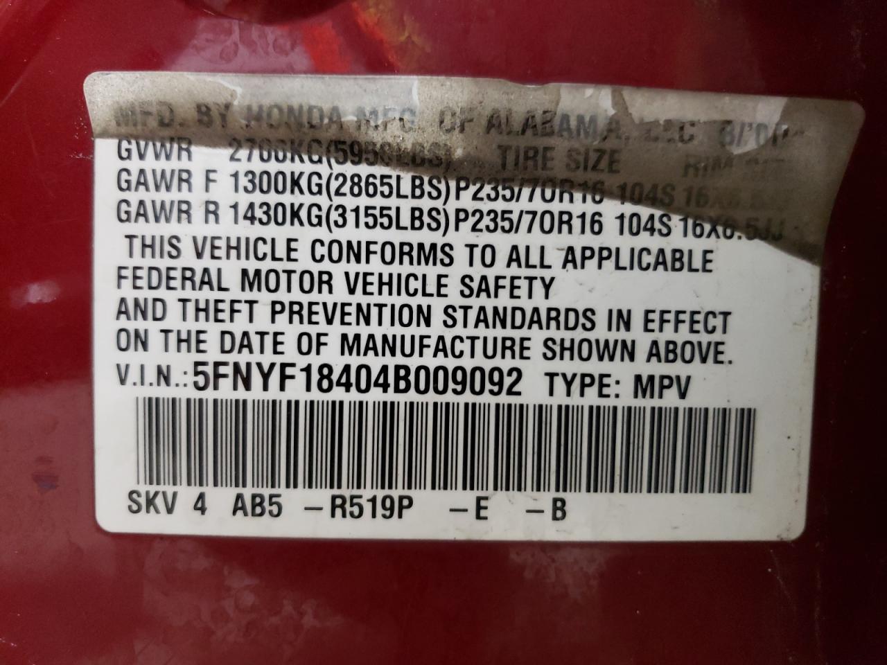 5FNYF18404B009092 2004 Honda Pilot Ex