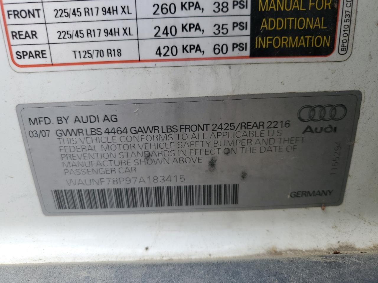 WAUNF78P97A183415 2007 Audi A3 2.0 Premium