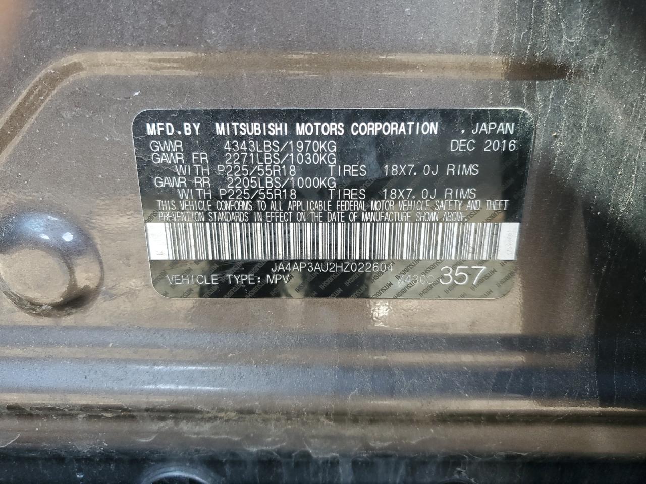 JA4AP3AU2HZ022604 2017 Mitsubishi Outlander Sport Es