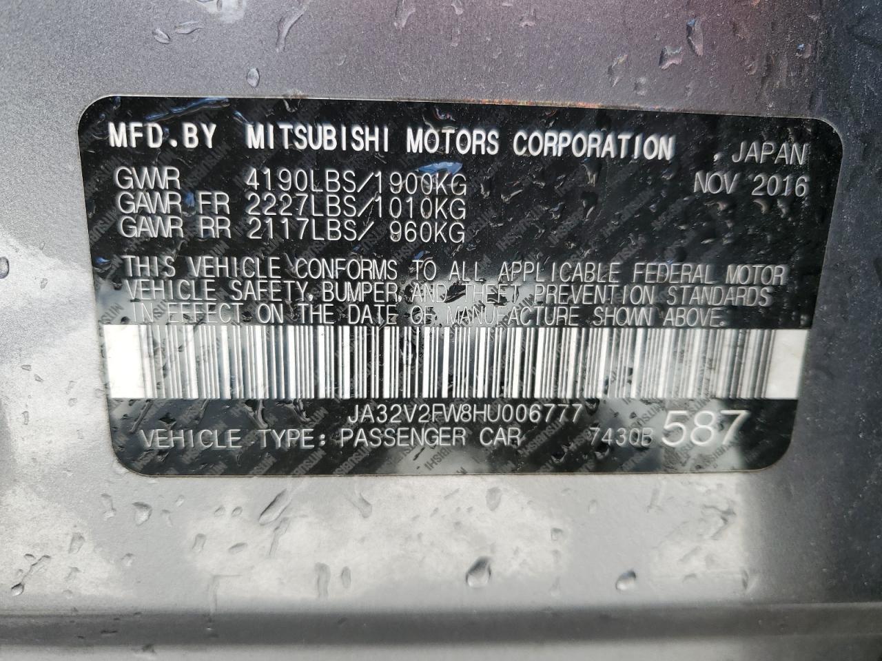 JA32V2FW8HU006777 2017 Mitsubishi Lancer Es