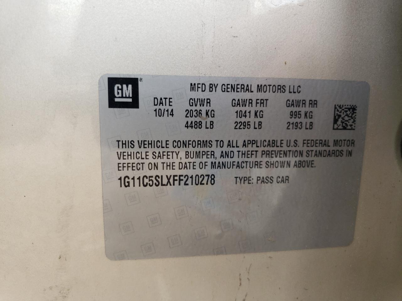 1G11C5SLXFF210278 2015 Chevrolet Malibu 1Lt