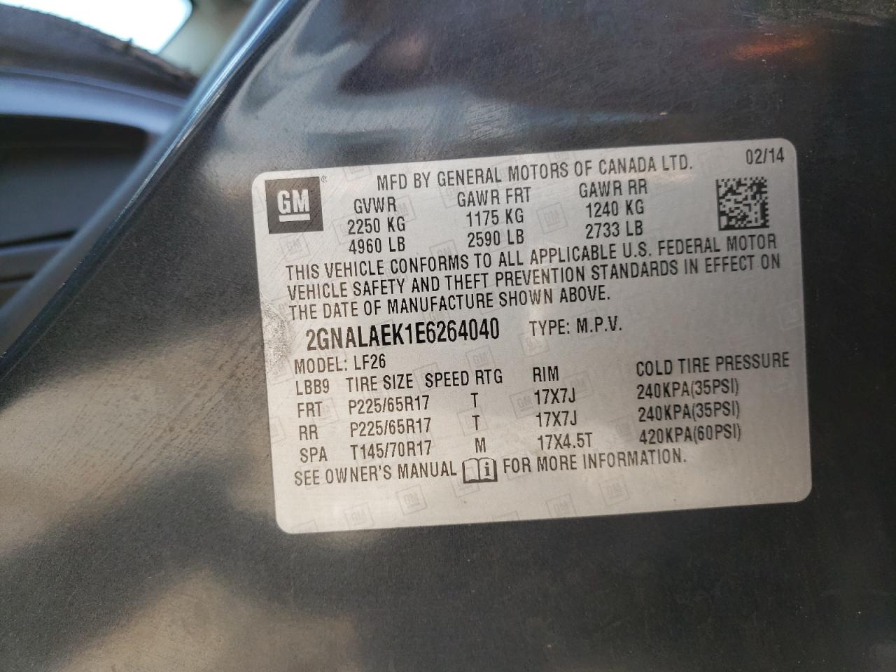 2GNALAEK1E6264040 2014 Chevrolet Equinox Ls