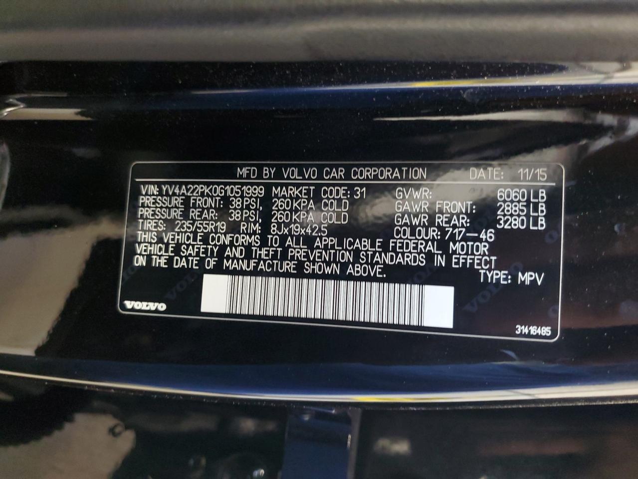 YV4A22PK0G1051999 2016 Volvo Xc90 T6