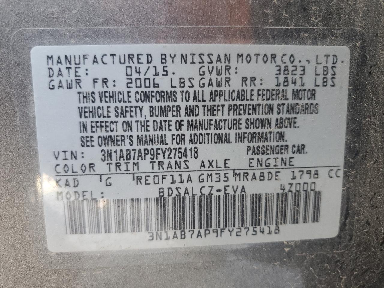 3N1AB7AP9FY275418 2015 Nissan Sentra S