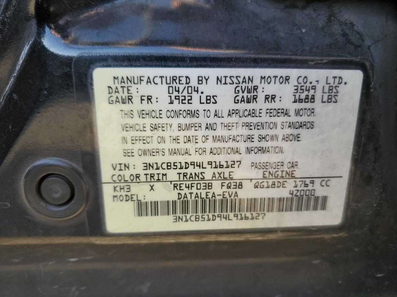 3N1CB51D94L916127 2004 Nissan Sentra 1.8