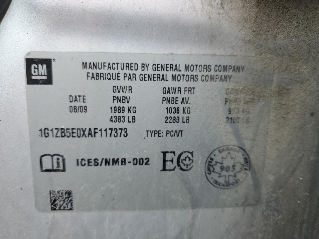 1G1ZB5E0XAF117373 2010 Chevrolet Malibu Ls