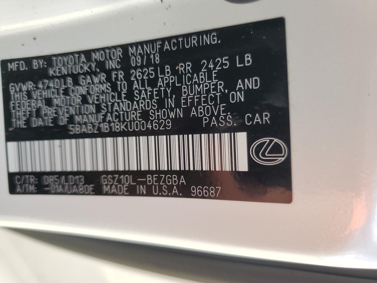 58ABZ1B18KU004629 2019 Lexus Es 350