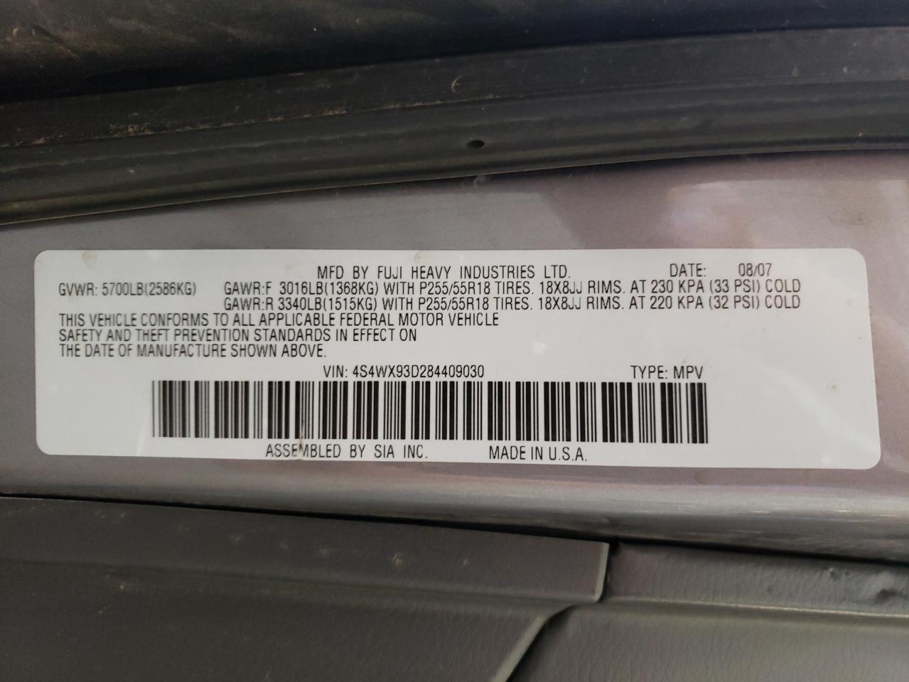 4S4WX93D284409030 2008 Subaru Tribeca Limited